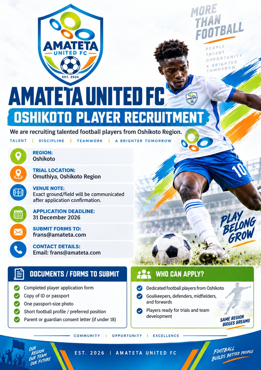 Amateta United FC player recruitment poster