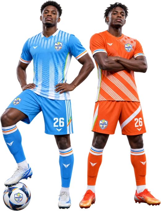 Amateta United FC senior players in the blue home and orange away kits